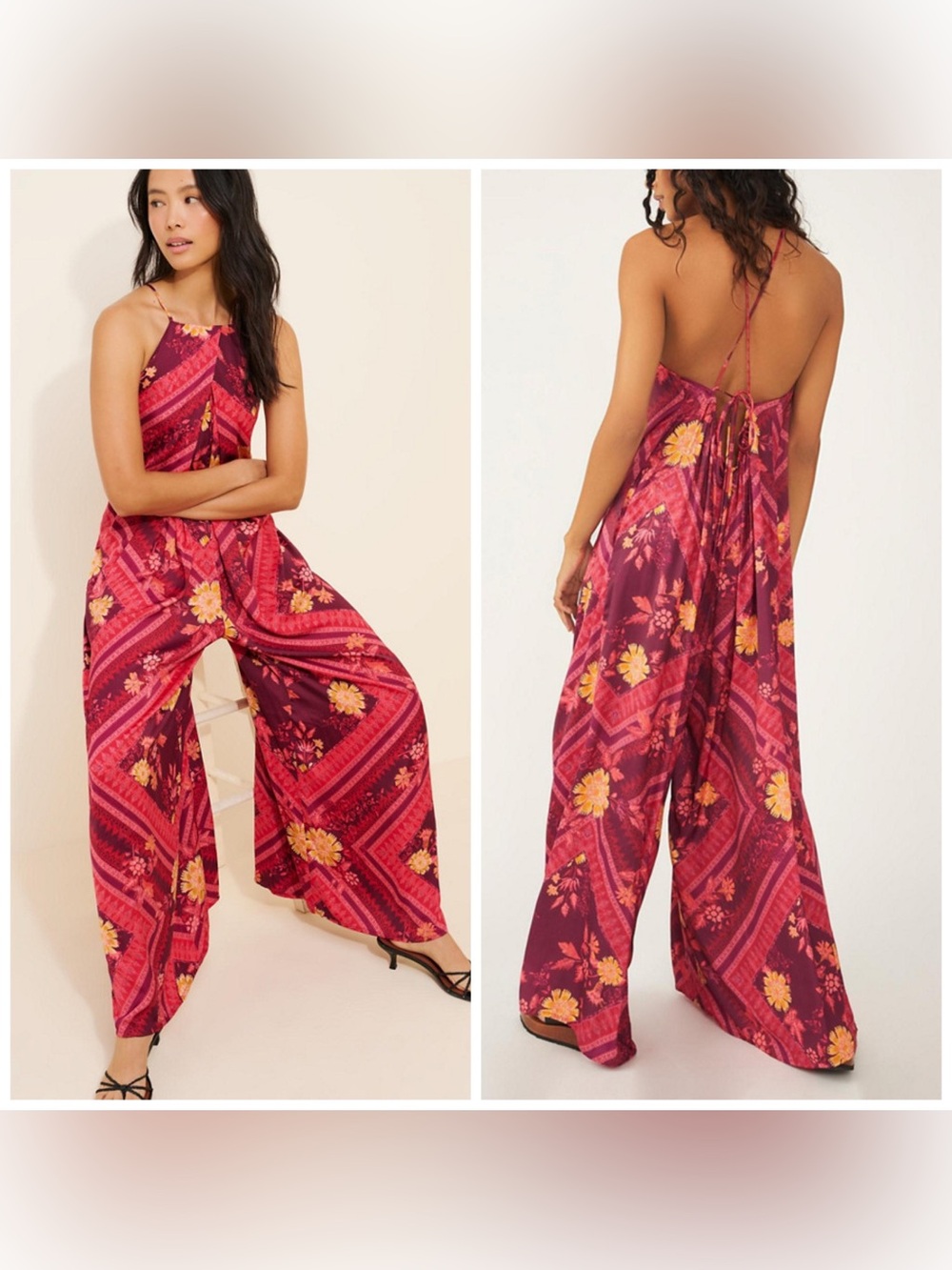 Free People Luca Floral Wide Leg Jumpsuit Pink Red Medium